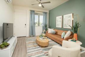 A living room with a brown couch, a white chair, a coffee table, and a television.