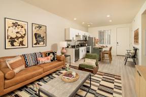 A living room with a brown couch and a rug.