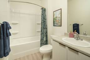 A bathroom with a toilet, sink, and shower.