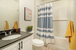 Bathroom with a striped shower curtain and a towel hanging on the towel rack.