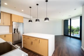 Kitchen and living room at RendezVous Urban Flats in Tucson AZ