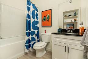 A bathroom with a white toilet and a blue and white shower curtain.