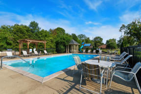 Pool seating at Laurel Valley Apartments in Mount Juliet Tennessee March 2021
