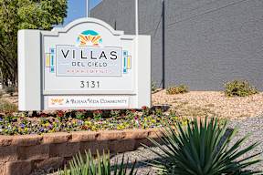 Sign and landscaping at Villas Del Cielo Aprartments in Albuquerque New Mexico October 2020