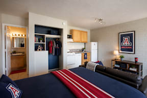 Bedroom with a bed, a dresser, a mirror, a bookshelf, and a framed picture on the wall.