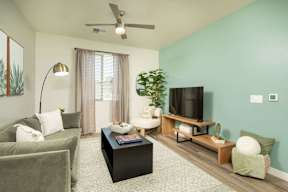 A living room with a grey couch, a black coffee table, a flat screen TV, and a ceiling fan.