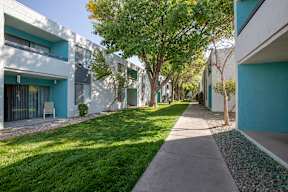 walkway and building exterior at Villas Del Cielo Aprartments in Albuquerque New Mexico October 2020