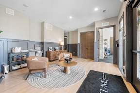 A modern living room with a grey rug and a wooden coffee table.