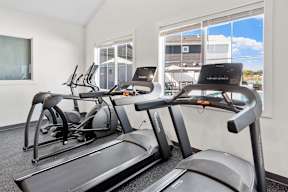 A row of treadmills and elliptical machines in a gym.