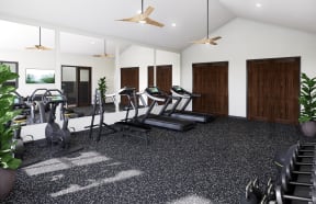 a gym with treadmills and other exercise equipment in a building with white walls