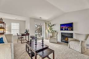A living room with a fireplace and a television.