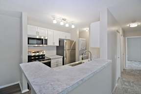 A kitchen with a marble countertop and stainless steel appliances.