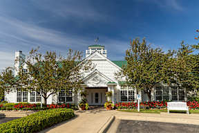 the front of a white building with trees and a bench