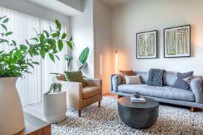 a living room with a gray couch and a coffee table