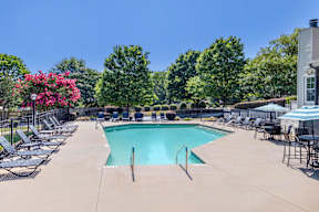 A pool surrounded by chairs and trees.