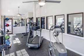 A gym with a treadmill, weights and mirrors.