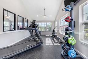 A home gym with a treadmill, weights, and mirrors.