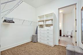 Walk-in closet with built in shelving and drawers at Reserve on 3rd Apartments, Birmingham