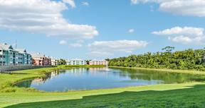A serene landscape with a lake, greenery, and buildings in the distance.