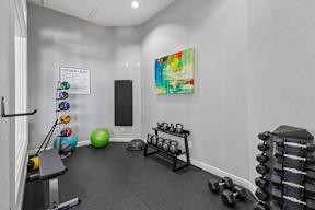 A gym room with a variety of equipment including dumbbells, a bench, and a ball.