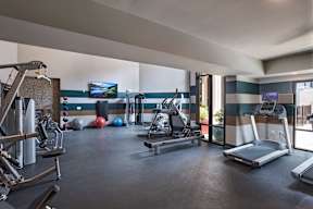 A gym with a variety of equipment including treadmills, weights, and exercise balls.