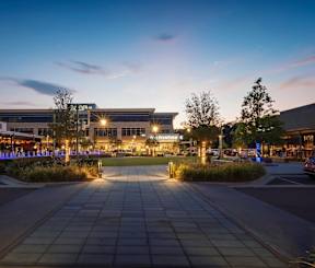 A large building with the words "BC HIVE" on it is lit up at dusk.