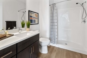 a bathroom with a shower and a sink and a toilet