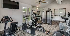a gym with various exercise machines and a tv