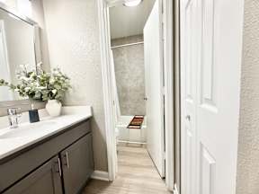 A bathroom with a white sink and a mirror.