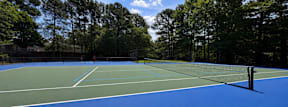 A tennis court surrounded by trees.