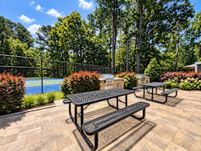 A black picnic table and benches are set up in a sunny backyard.