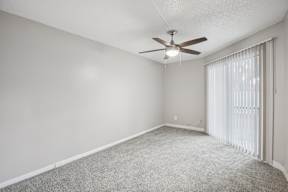 A room with a ceiling fan and carpeted floor.