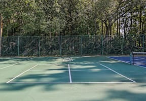 A tennis court surrounded by a fence and trees.