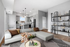 a living room with a couch and a coffee table