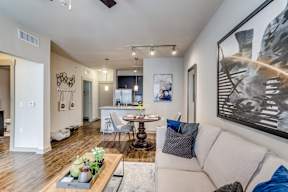 modern living room with wood plank flooring