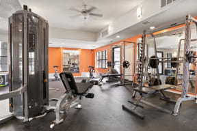a gym with weights and cardio equipment and a ceiling fan