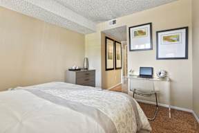 a bedroom with a bed and a desk with a laptop