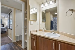 a bathroom with a sink and a mirror