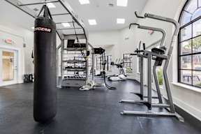 A gym with a punching bag and exercise equipment.
