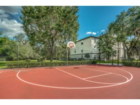 a basketball court with trees and a building in the background