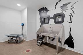 A pet spa and washing station with a wall mural.