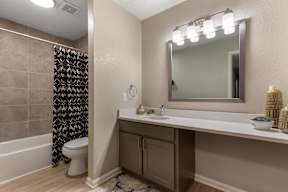A bathroom with a toilet, sink, and mirror.