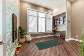 A room with a green rug and wooden floors.