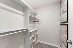A white closet with a white shelf and a white door.
