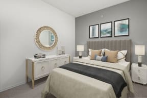 a bedroom with a large bed and a mirror