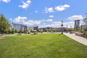 a park with green grass and a clock tower on a building