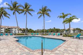 a resort style swimming pool with palm trees