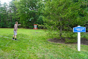 A man throwing a frisbee towards a goal in a grassy area.