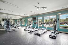 A gym with treadmills, elliptical machines, and other exercise equipment.