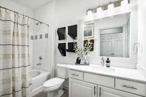 A white bathroom with a toilet, sink, and shower.